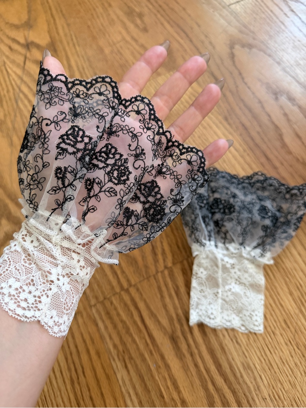 Delicate Sheer Lace Fingerless Gloves - Black Floral Overlay - Picture 6 of 8